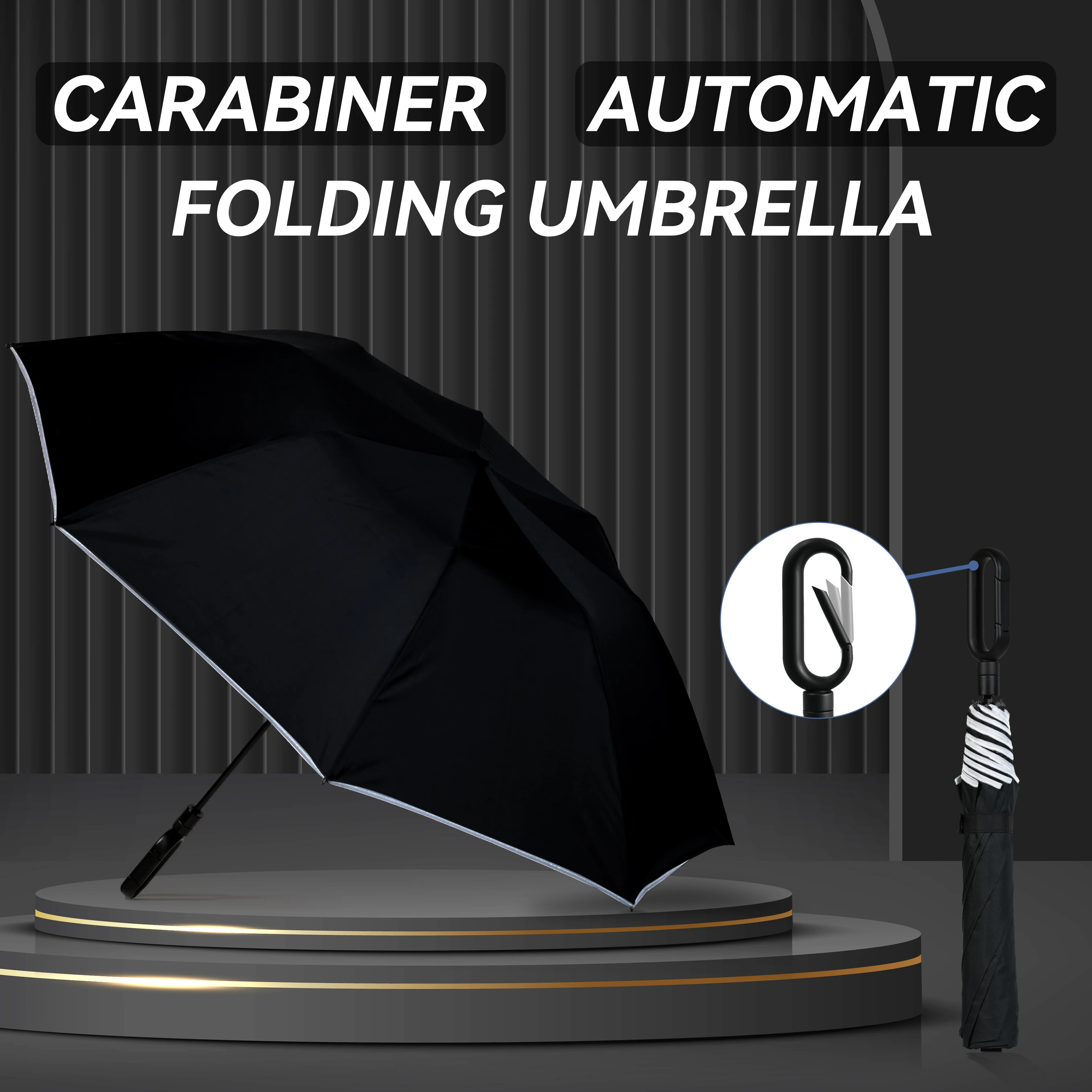 Carabiner Automatic Folding Umbrella with Reflective Stripe Portable Travel Umbrella Wind and Rain Resistant Reinforce Parasol