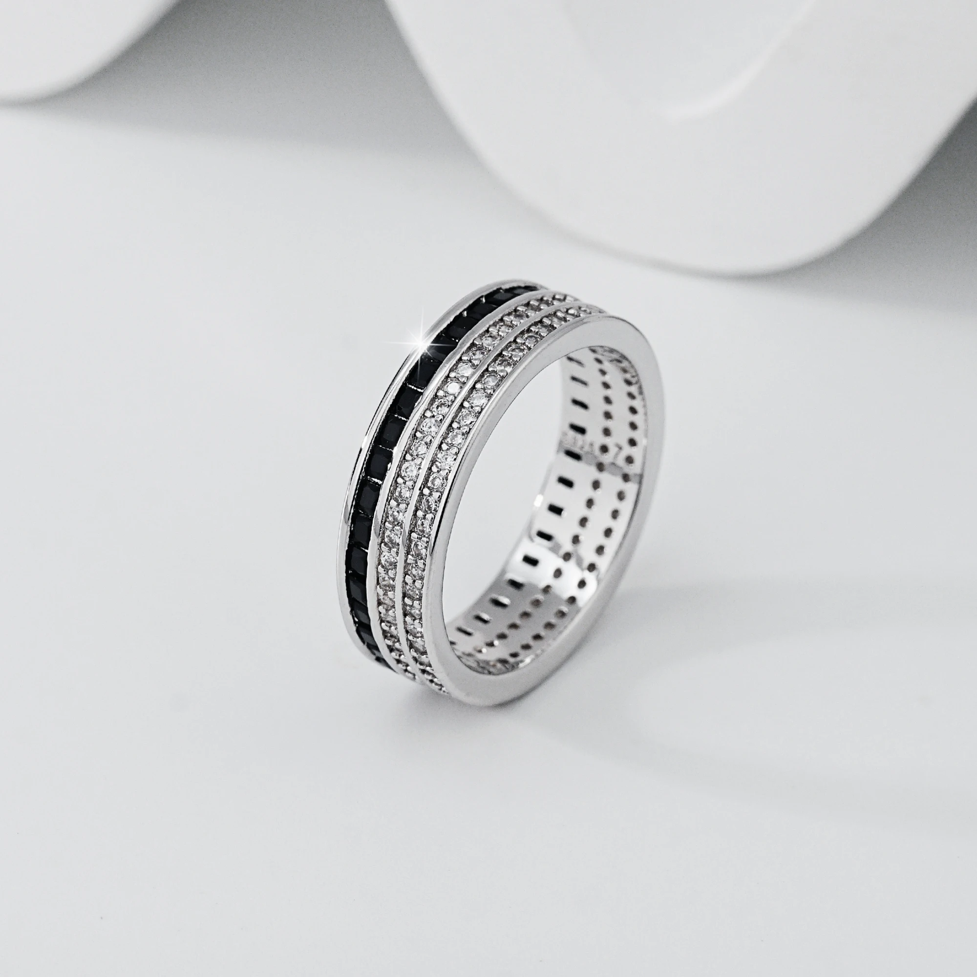 925 Sterling Silver Moissanite Ring Black White Square Pave Pattern Sparkling Dainty Stackable Wedding Engagement Anniversary Wo