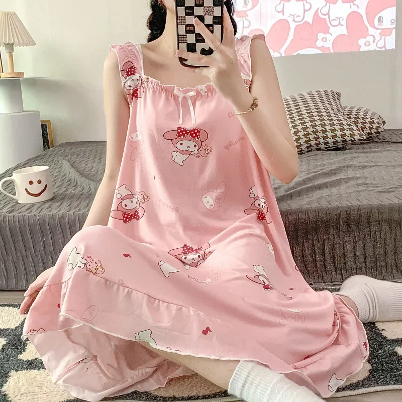 Sanrios Cinnamoroll Kuromi My Melody Anime Cartoon Cute Women Summer Home Clothing Dress Student Girl Pajama Skirt Nightgown