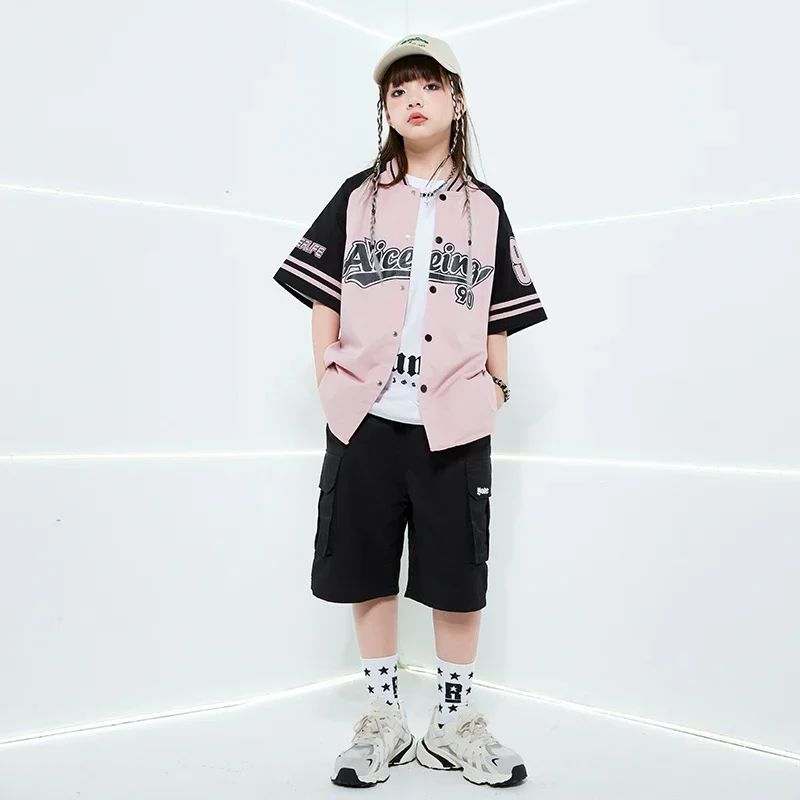 Manteau de Baseball rose Hip Hop pour filles, tenue short pour garçons, veste de danse de rue, ensembles de vêtements d'été Jazz pour enfants, Costumes Streetwear