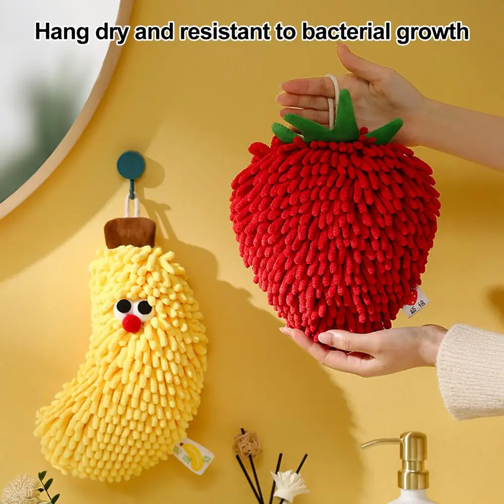 Strawberry Hand Towel Cute Fruit Hand Towels Set Absorbent Chenille Puff Towels with Hanging Loop Soft Microfiber Quick-dry