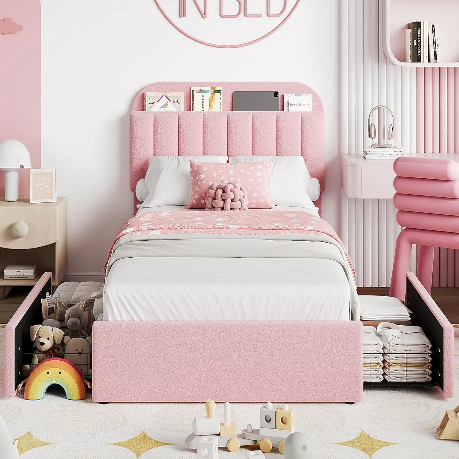 هيكل سرير للأطفال، سرير بمنصة منجدة للفتيات مع درجين مرنين، خزانة كتب، لوح رأسي، خالي من الضوضاء، سهل التجميع بدون صندوق