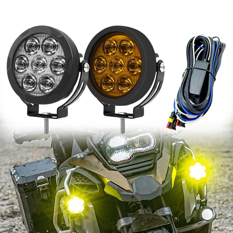 Round Motorcycle LED Spotlight With Switch Wire Harness Flash Lamp For BMW R1200GS ADV F800GS F650 K1200S Auxiliary Fog Lights