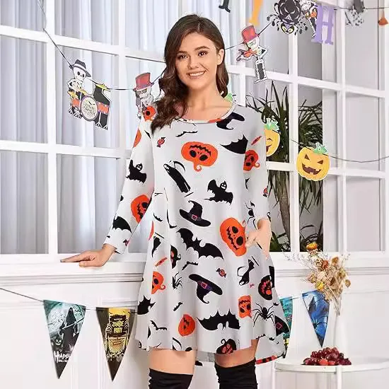 Women’s Casual Trendy Halloween Printed O-neck Long Sleeve Above Knee Length Dresses Autumn Winter New Fashion Female Clothes