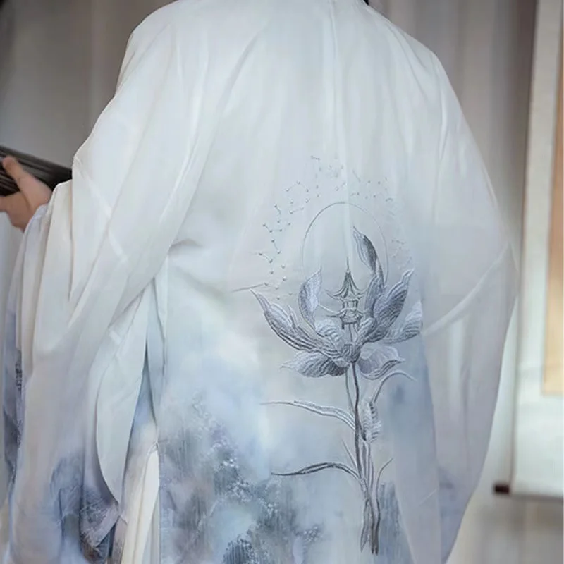 Roupas chinesas tradicionais para homens e mulheres, Hanfu, período Weijin, colarinho cruzado, montanha, impressão de flores, traje bordado, vestido cosplay