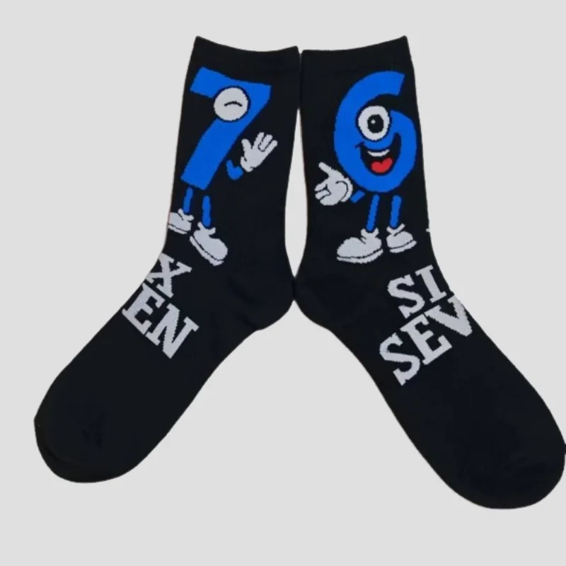Cross Border New Arrival 67 Cartoon Number Socks Funny Letter Mens Mid Calf Socks