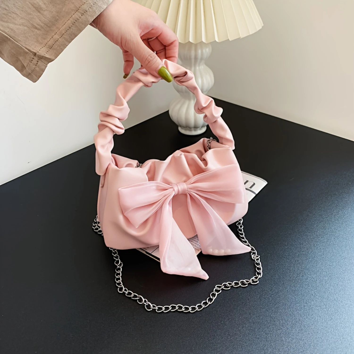 

Bowknot Handbag, Cloud Ruched Crossbody Bag, Fashion Chain Shoulder Bag, Sweet Purse For Women