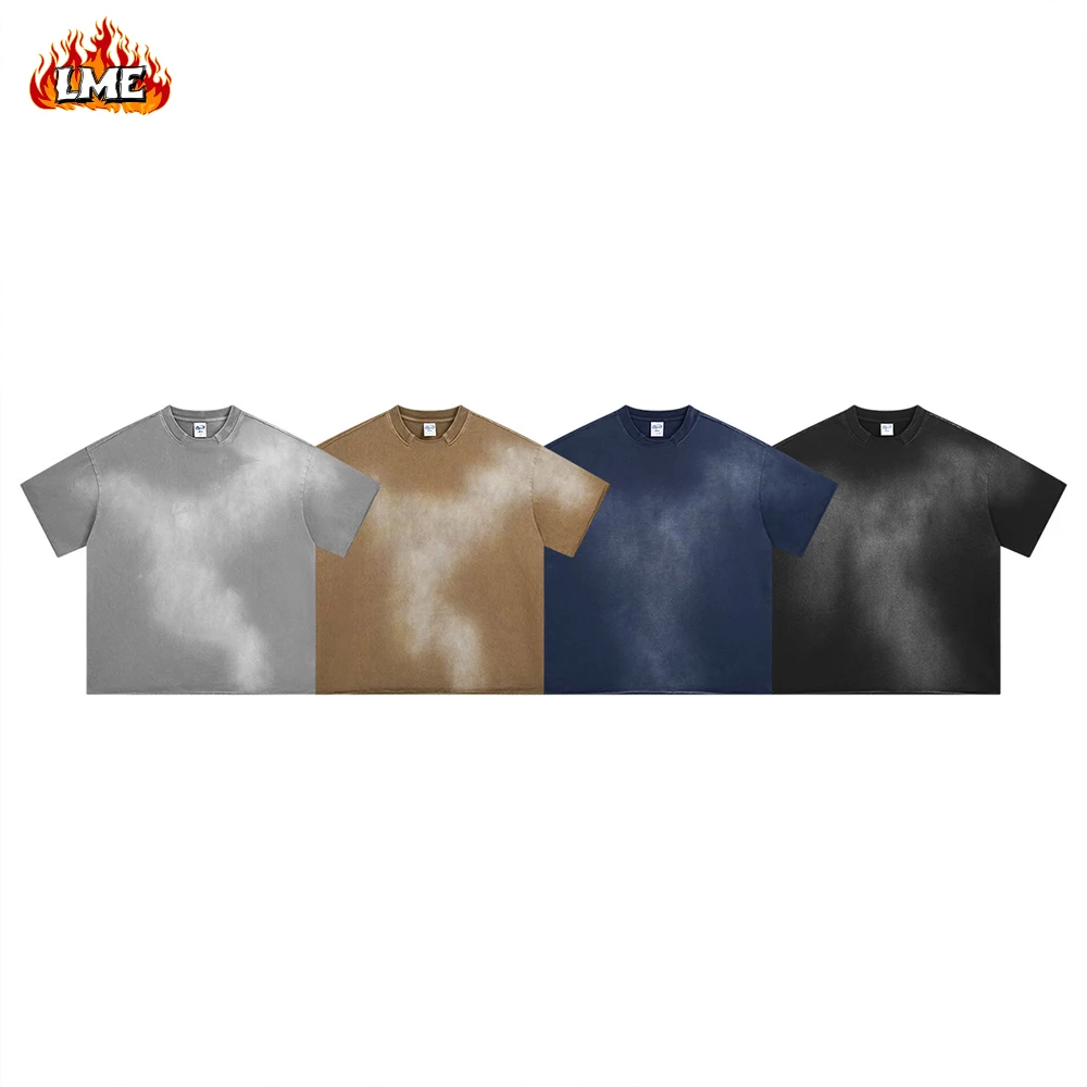 LME American Style Trendy Damaged Collar Loose Edges Spray Dyed Vintage Acid Washed Oversized Streetwear T Shirt for Men