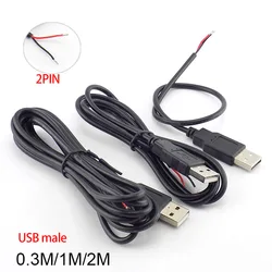 Diy USB Male Jack Connector Cable 2 Pin 2 Wire 5V USB 2.0 Power supply Extension Cable Cord 0.3m/1m/2m Adapter Charger