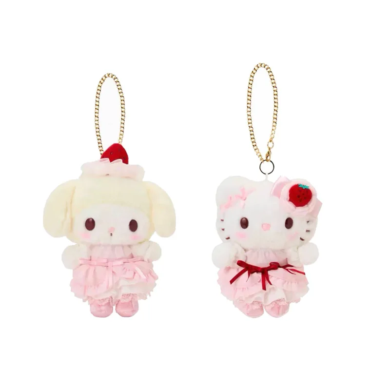 12cm Sanrio Hello Kitty My Melody cosplay strawberry cake skirt style cartoon plush doll keychain kawaii school bag pendant gift