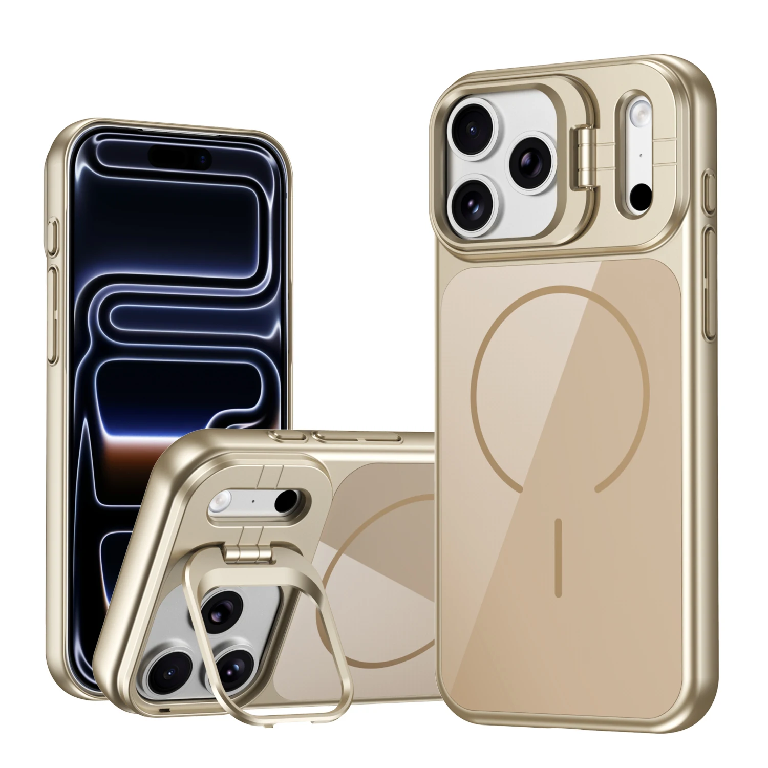 Magnetische Hülle für iPhone 17 Pro Max 16 14 13 12 15 Stoßfeste Kameraschutz-Hülle mit Ständer Luxuriöser Halter Kunststoff-Glas-Rückseite