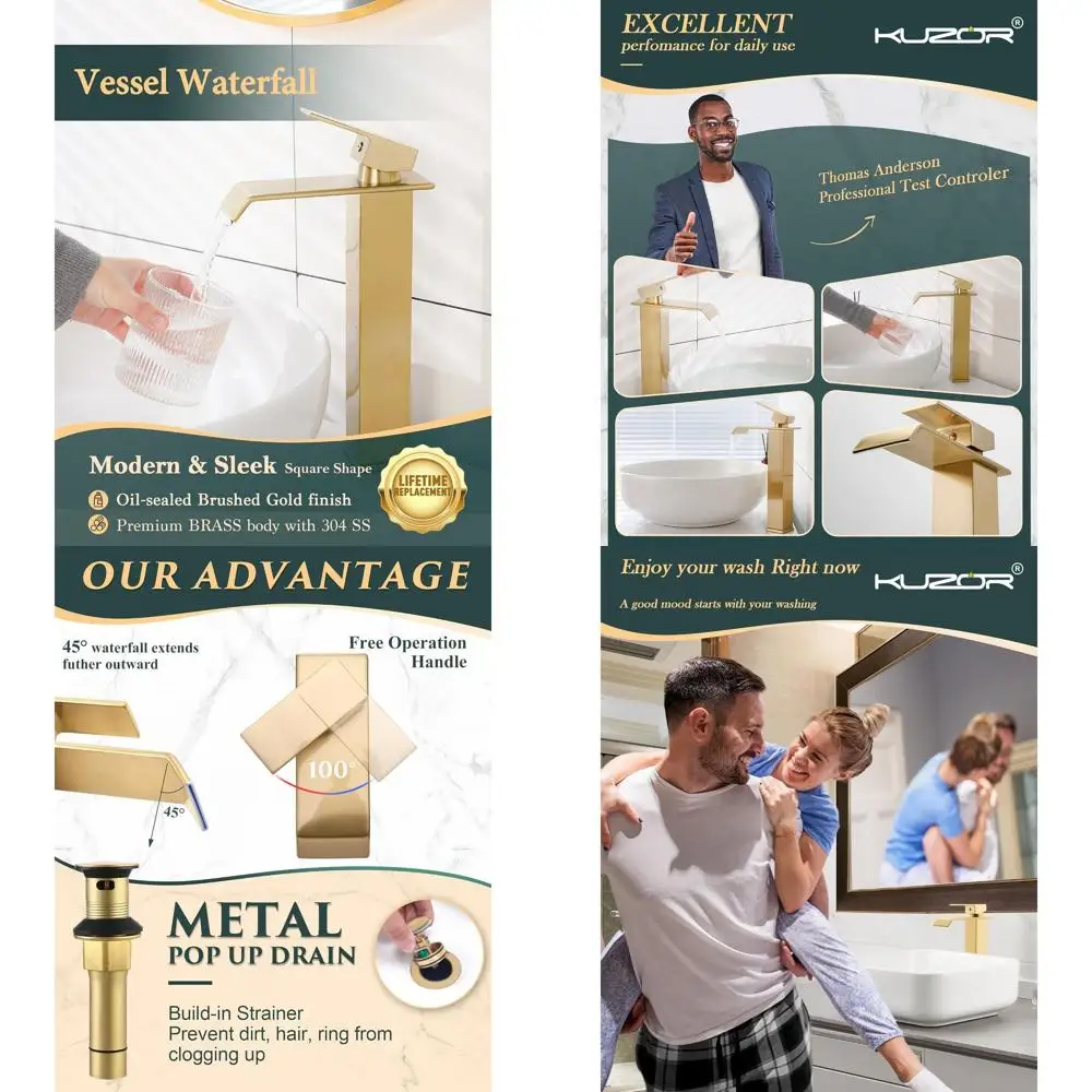 

High Arc Single Hole Stainless Steel Waterfall Sink Faucet with Pop-Up Drain for Modern Bathroom Vanities