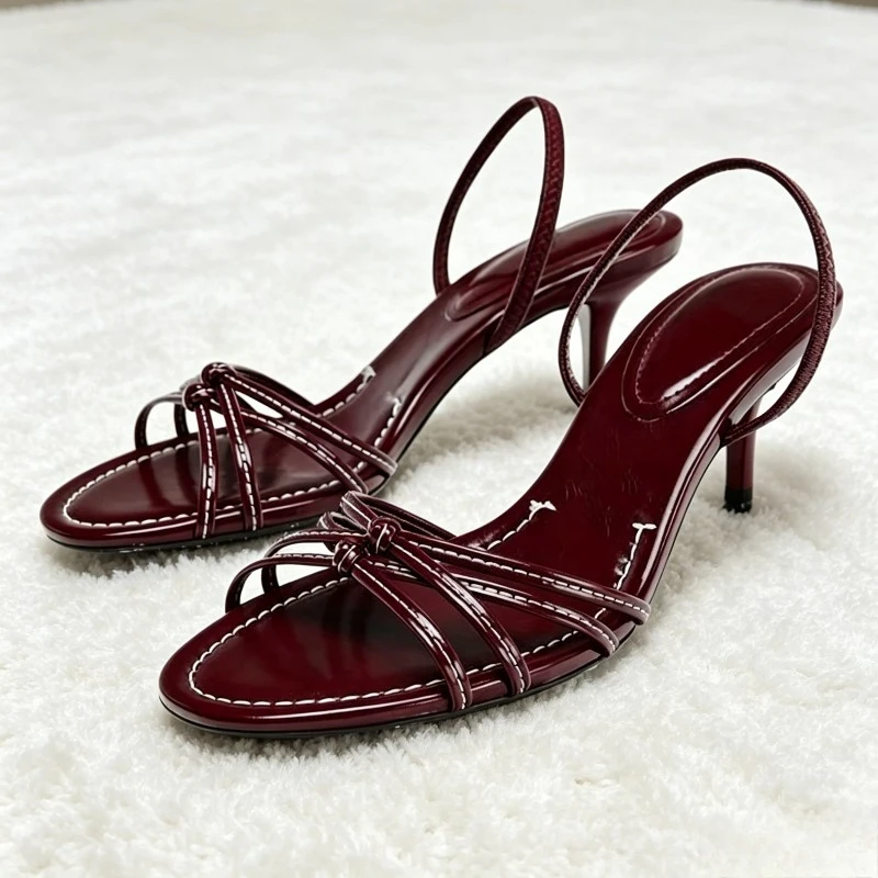 

Burgundy Stitching Detail Slingback High Heels Women Sexy Cross Tied Open-toe Sandals for Ladies Fashion Banquet Dress Shoes