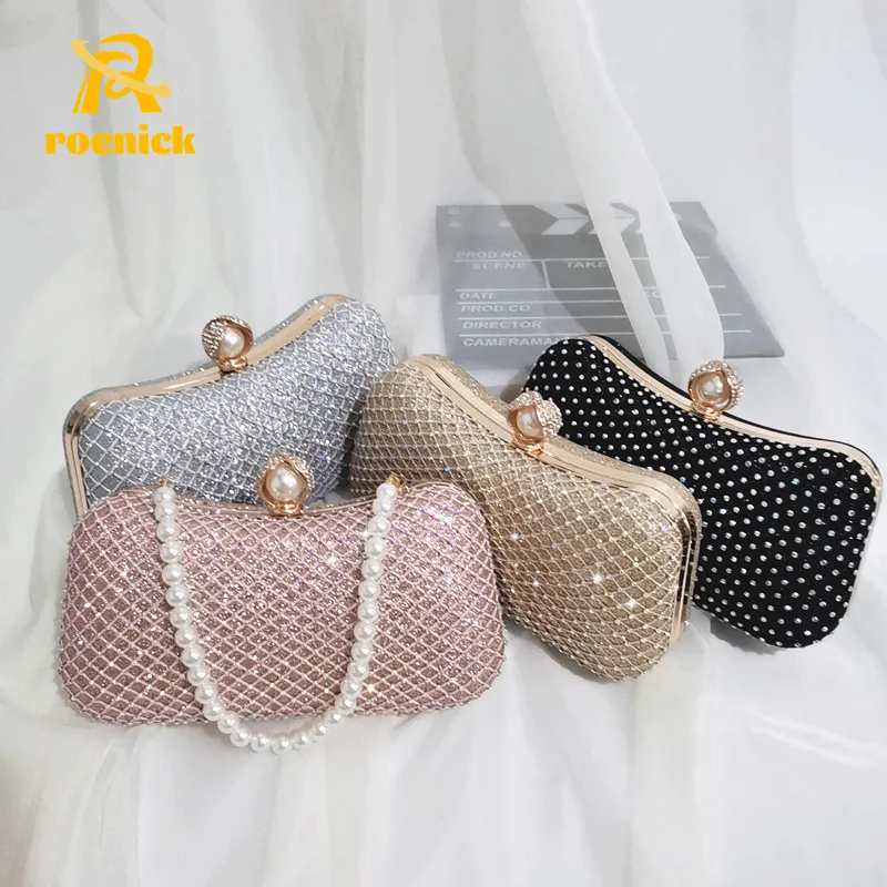 

ROENICK Women Rhinestones Pearl Cushion Evening Bags Dress Shoulder Day Clutch with Pearl Handle Banquet Chain Crossbody Handbag