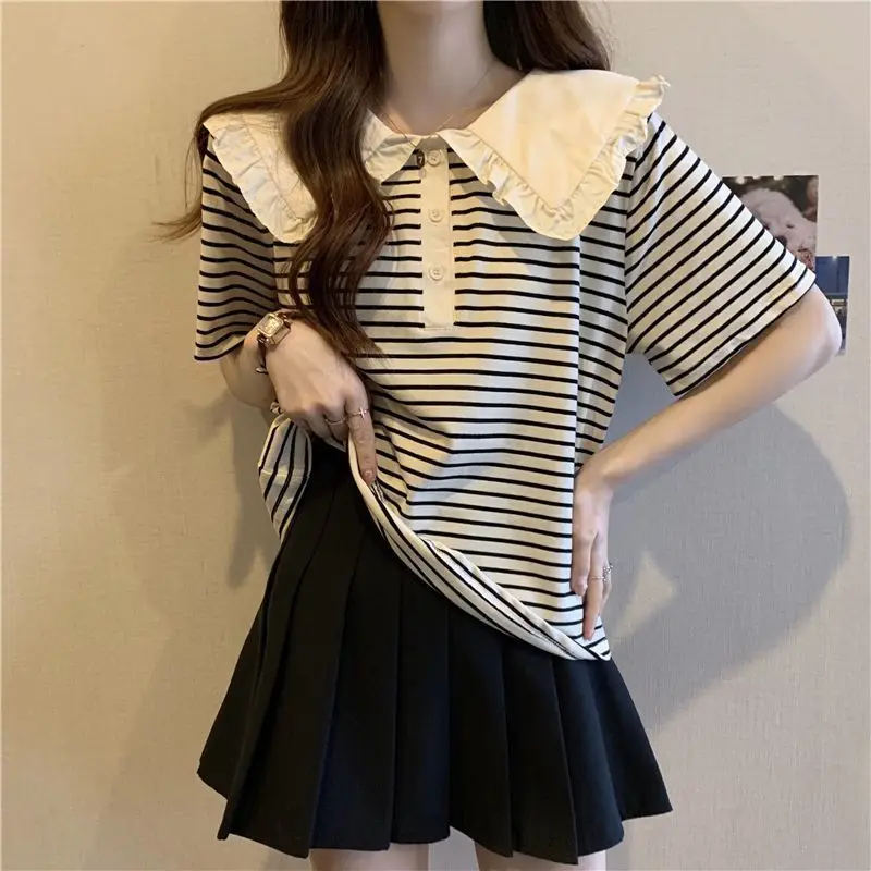 Summer New Casual Striped T Shirt Tops Short Sleeve Loose All-match Plus Size Youth Pullovers Vintage Fashion Women Clothing