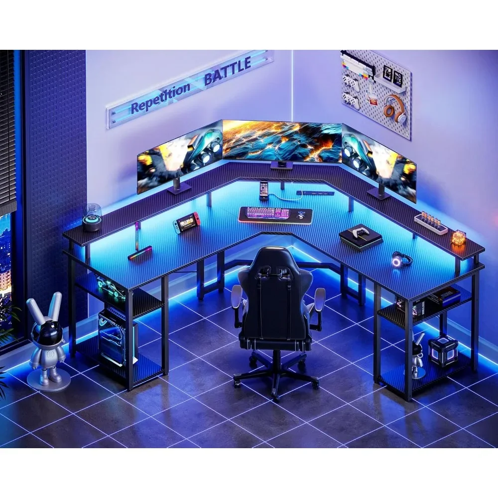 L Shaped Gaming Desk with LED Lights & Power Outlets, Reversible Computer Desk with Full Monitor Stand & Storage Shelves