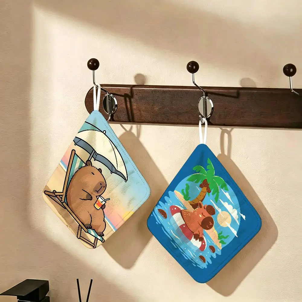 Cute Capybara Polyester Cotton Hand Wiping Towel with Hanging Loop, Lightweight for Home and Commercial Use