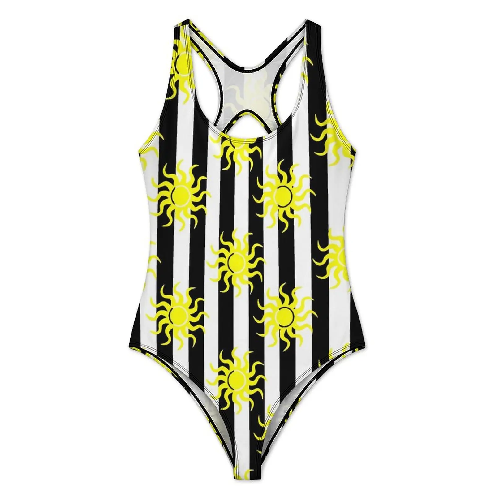 Black And White Stripes with Yellow Sun Swimsuit  Swimwear One Piece Beach Swimsuits Monokini Female Push Up Sexy Beach Outfits