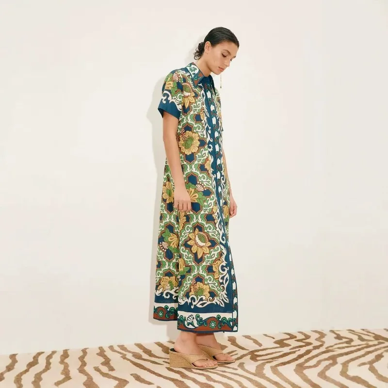 2026 Autumn New Original Trendy Women Linen Floral Print Maxi Shirt Dress Short Sleeve Casual Fashion Long Outfit