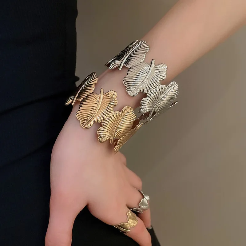 

Minar Hip Hop Rock Texture Metallic Leaves Open Adjustable Bangles Ring Jewelry Sets for Women Gold Silver Plated Iron Alloy