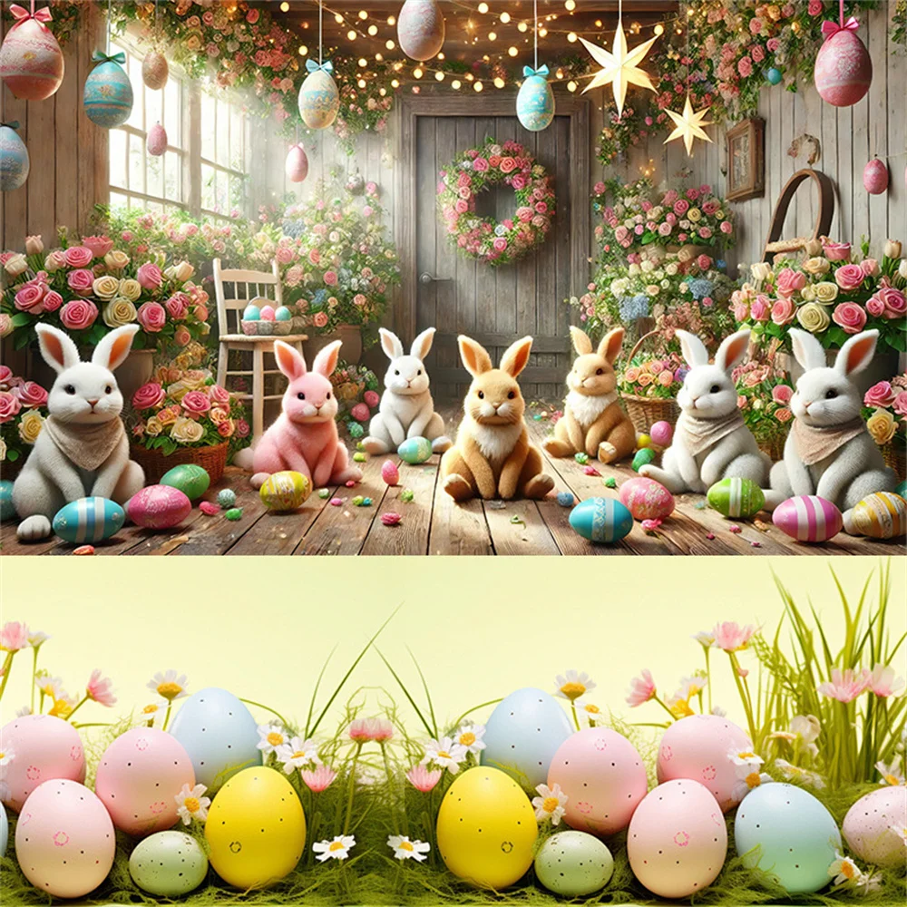 Happy Easter Backdrop Photography AI Scene Wooden House Flowers Rabbit Bunny Eggs Birthday Party Decor Baby Shower Background