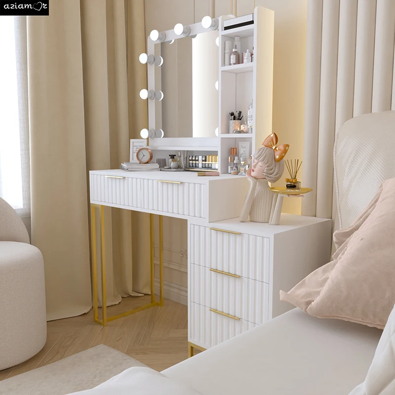 Makeup Vanity Desk with Mirror and Lights, Vanity Table, 5 Drawers, Side Cabinet, Storage Shelves for Bedroom, White