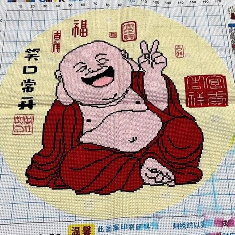 (Finished product) Pure handmade cross stitch finished product, smiling face always open Maitreya Buddha 47 * 57 cm