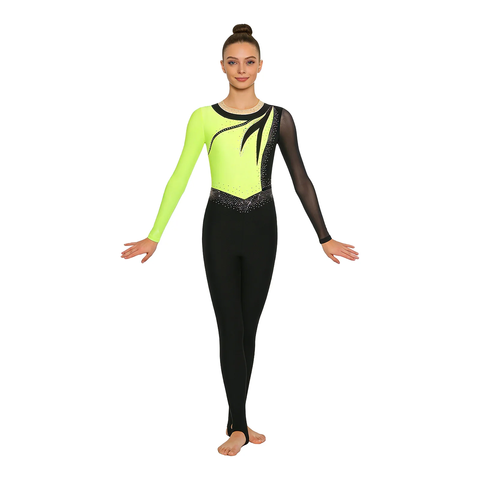 Frauen Gymnastik Ganzanzug Strampler Strass Kontrast Farbe Mesh Langarm Steigbügel Leggings Bodysuit Overall für Skating Dance