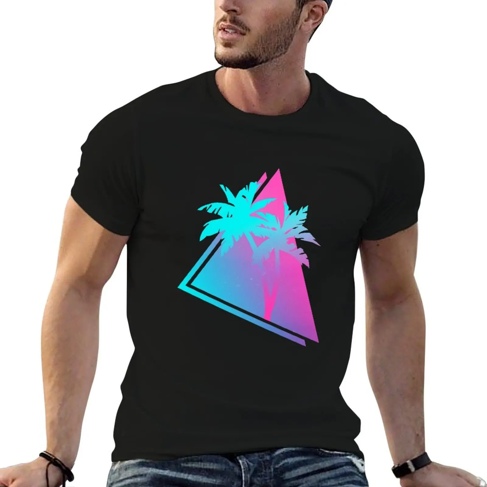 

Retro 80s 90s Vaporwave Palm Trees Gift. Pink & blue design design T-Shirt cotton t shirt man T-Shirt