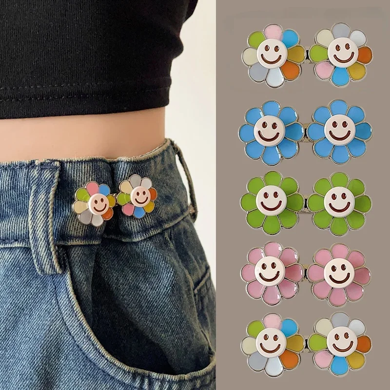 Sunflower Waist Tightener Button - Adjustable No-Sew Detachable Buckle for Jeans/Pants, Cute Floral Design & Easy Installation