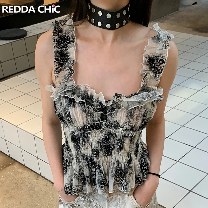 

ReddaChic топ на бретельках с открытой передней частью, женский двусторонний топ с принтом тай-дай, жилет с рюшами и оборками, новая модная летняя одежда