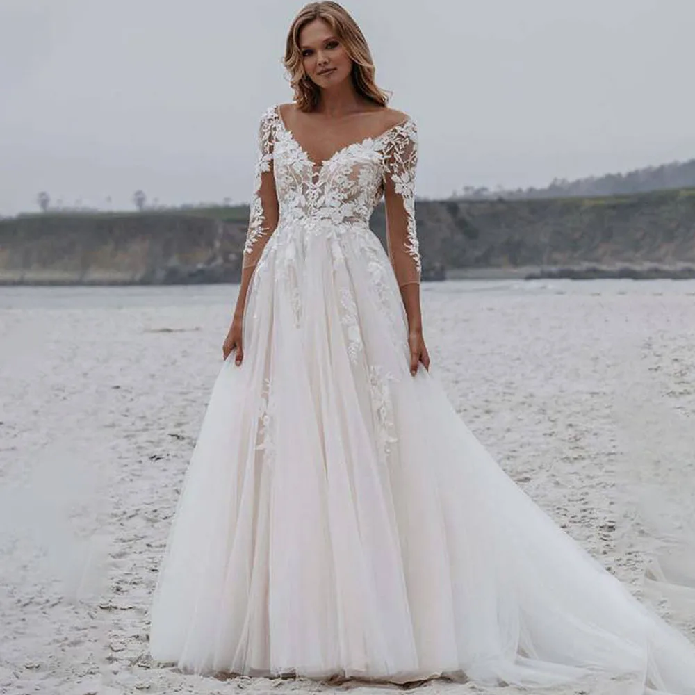 

V-neck Appliques with Illusion Long Sleeves Wedding Dresses Elegant A-line Tulle Bride Gowns Backless Sweep Court Wedding Gown