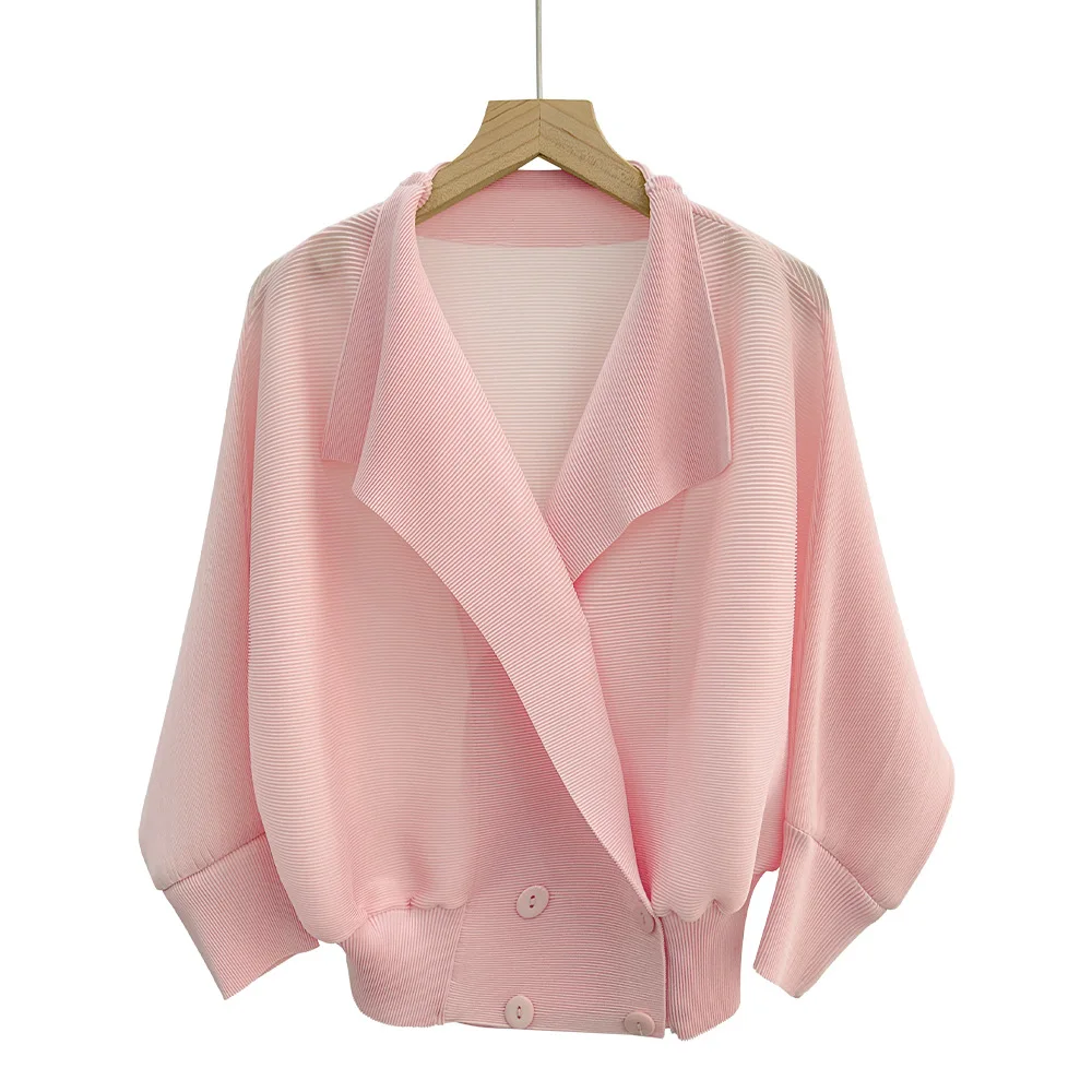 Miyake Pleated Double-breasted Lapel Dolman Sleeve Bomber Cardigan Coat
