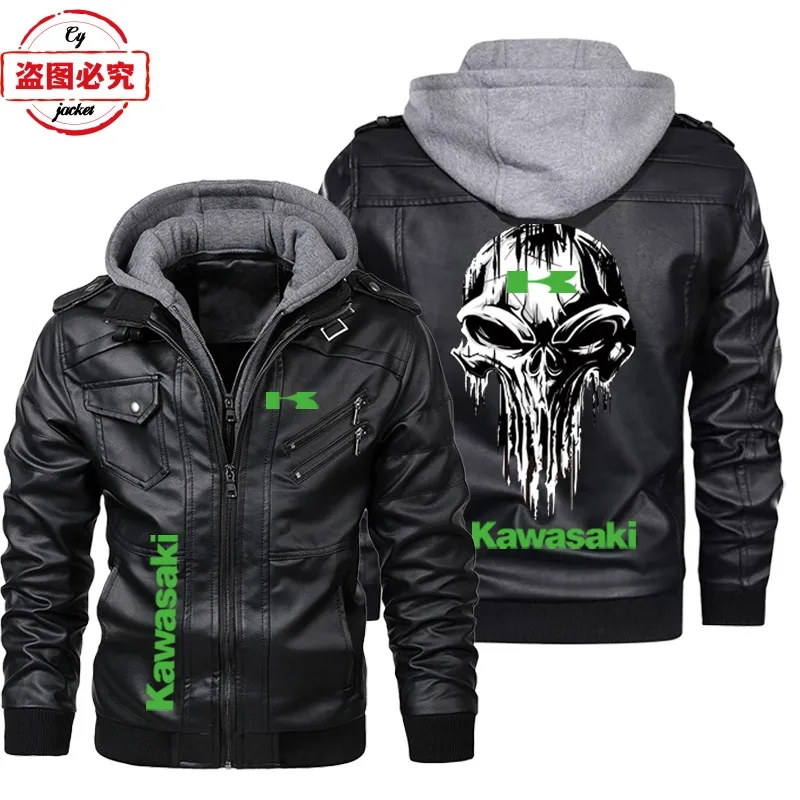 Ninja print motorcycle LOGO retro washed pu leather jacket windproof men's Ninja hooded jacket team suit