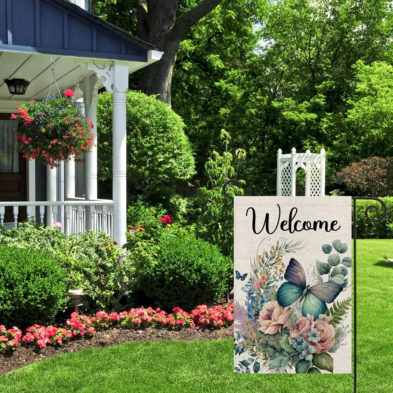 Texupday Welcome Watercolor Floral Butterfly Double Sided Vertical Burlap Garden Flag Spring Summer Rustic Farmhouse Holiday PPZ