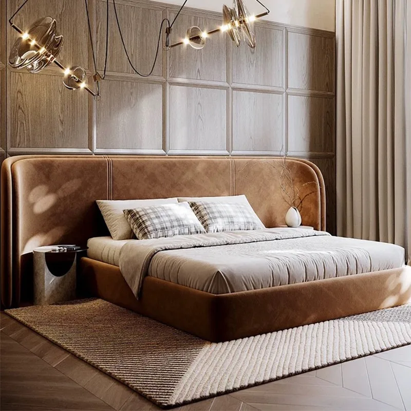 #Luxury Curved Wing Upholstered Bed King Queen Size Full Wrap Vintage Leather Headboard Round Corner Modern Bedroom Furniture