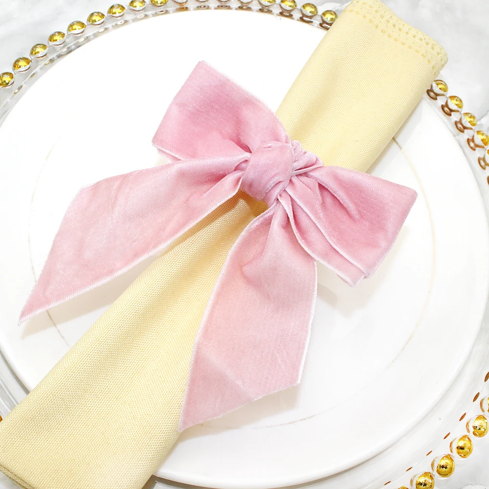 12Pcs Bow Napkin Ring Velvet Pink Bowknot Napkin Holder Handmade Napkin Buckle for Valentine's Day Wedding Party Table Decor