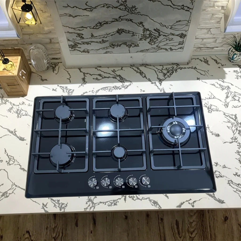 Fiver Burners Kitchen Cooker Electronic Ignition Tempered Glass Cooktop Metal Knob Cast Iron Pan Support LPG NG Stove