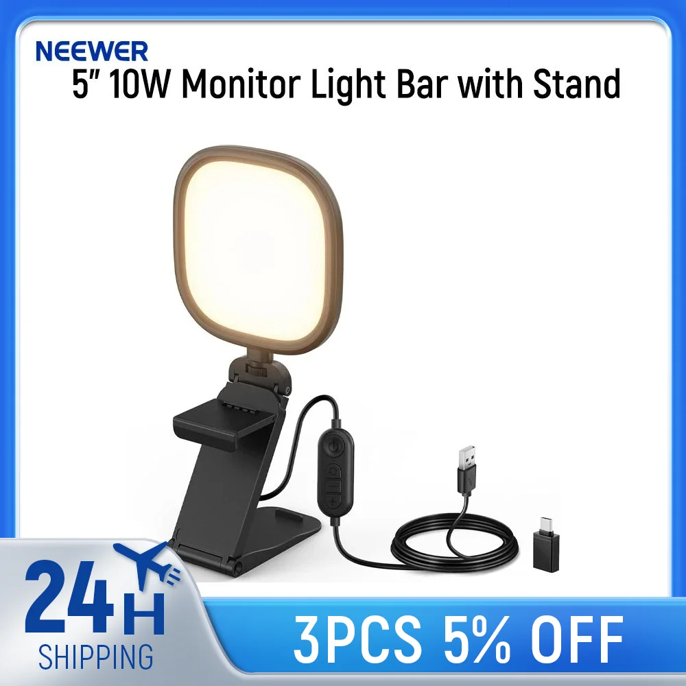 NEEWER Basics شريط إضاءة شاشة 5 بوصات 10 وات مع حامل، لوحة LED USB مضاءة بحافة ثنائية الألوان، CRI95 إضاءة مصباح مكتبي بشاشة كاملة #1