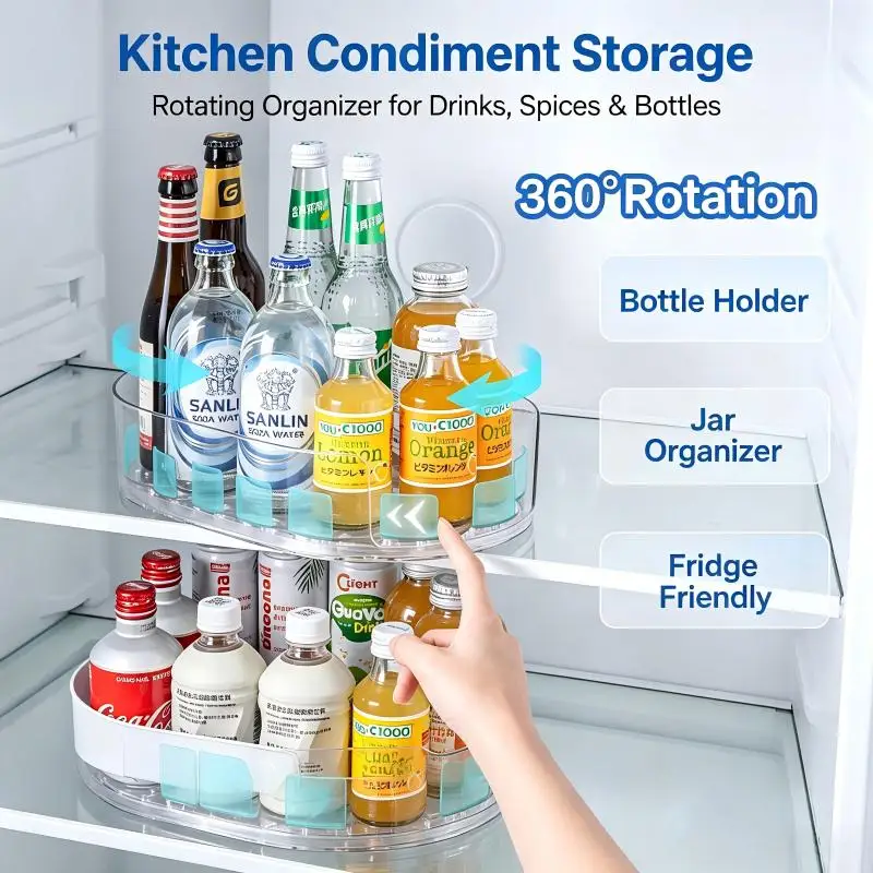 Rotating Fridge Organizer Tray, 360° Turntable for Condiment and Beverage Bottles, Refrigerator Lazy Susan for Jars and Cans
