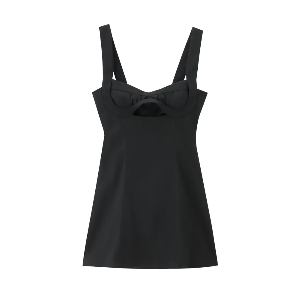 Sommer neuer Damen-Stil, schmale Passform, breiter Schultergurt, schwarze Leinenmischung, Temperamentkleid, schlankmachender kurzer Rock