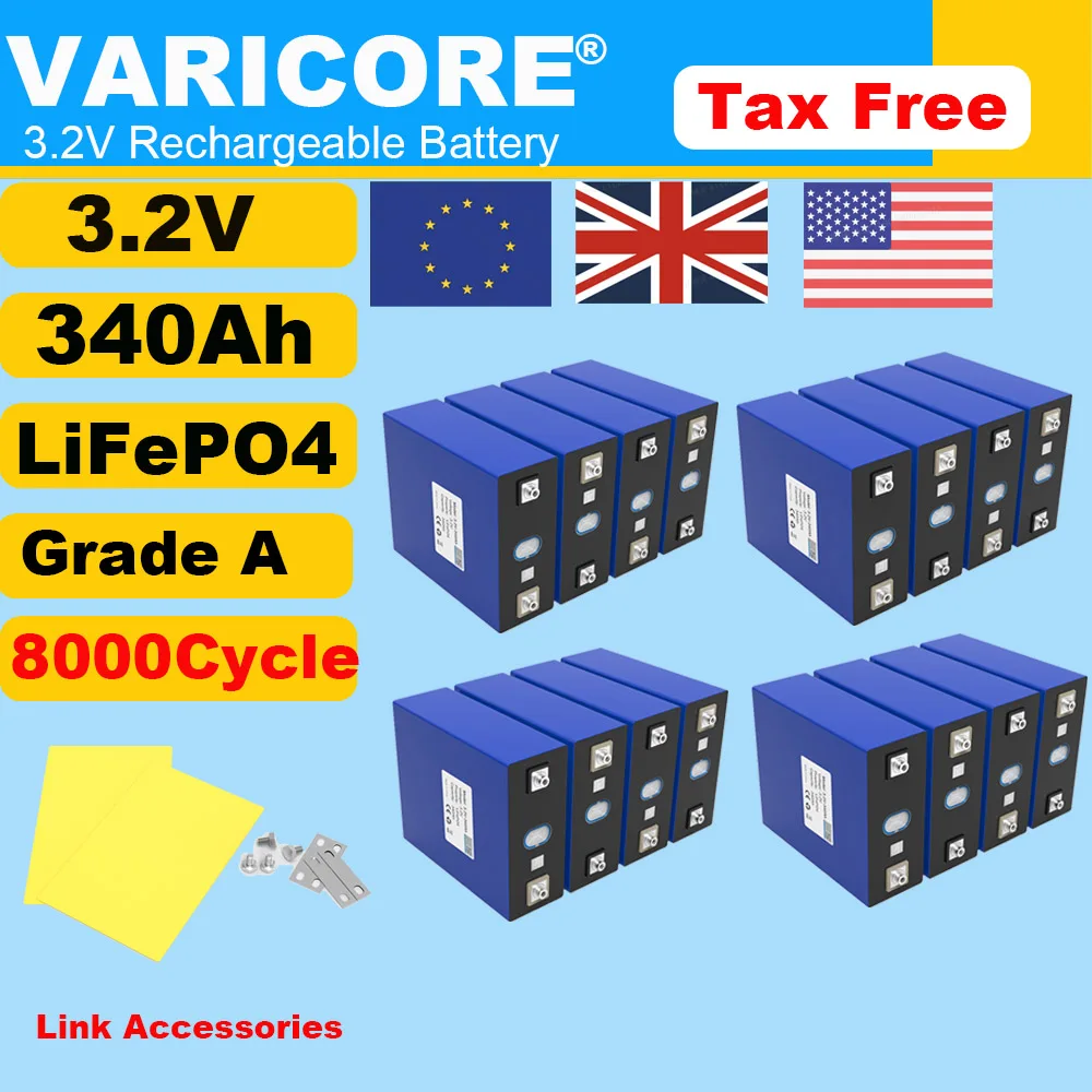 

16pcs 3.2V 340Ah Lifepo4 Battery Lithium Iron Phosphate Cell 4s 8s 12v 24v Travel Solar RV Campers Golf Cart Grade A Tax Free