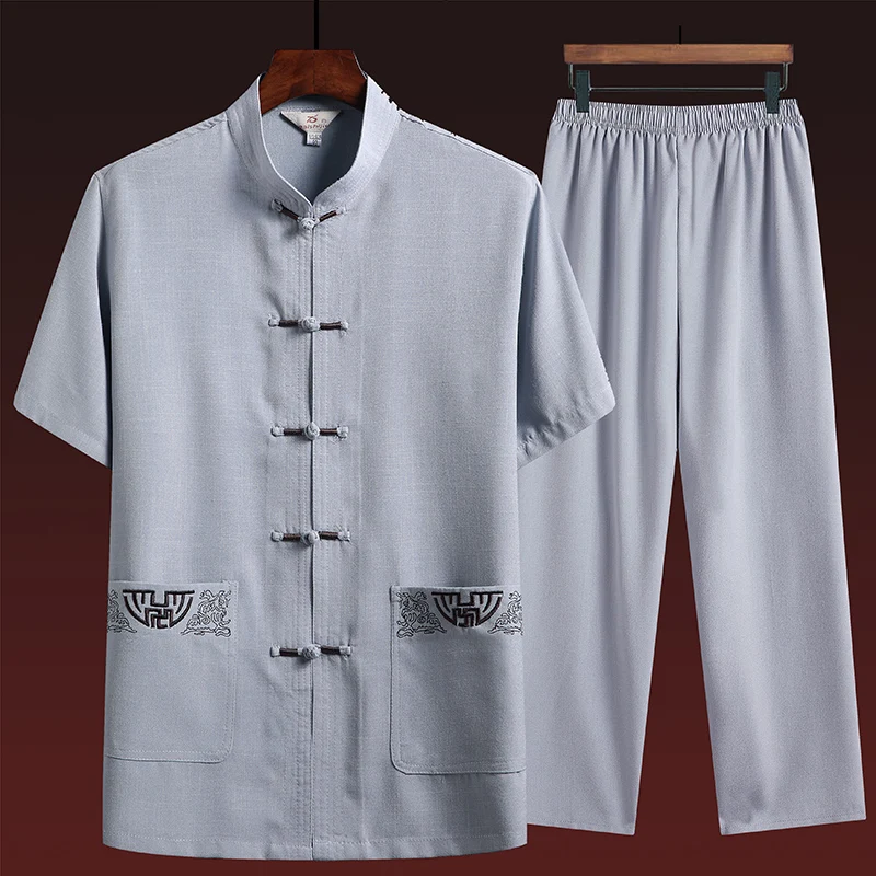 Костюм из хлопка и льна (топ + брюки) для пожилых мужчин, золотистый Шелковый костюм с вышивкой в виде сковороды с пряжкой и карманами в стиле Тан, женский костюм тай-чи