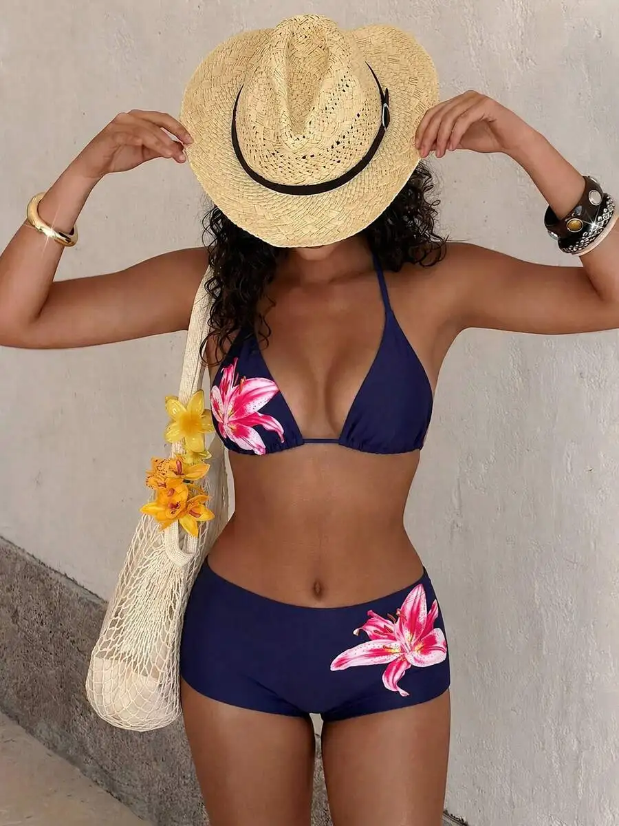 

Floral Print Blue Triangle Bikini Set High Waist Women Swimwear For Beach Vacation