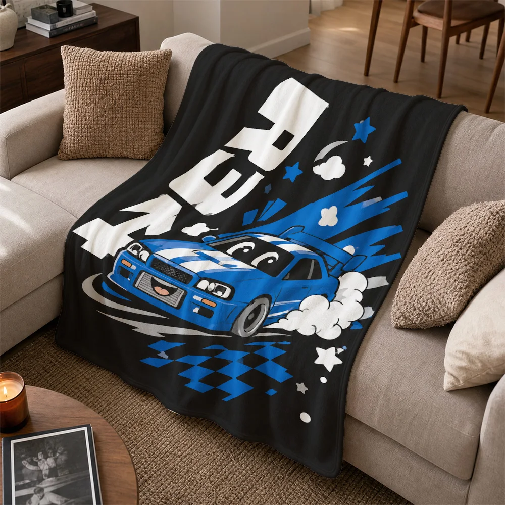 High Quality Blue Car Racing Theme Throw Blanket for Sofa Cozy Home Decor Gift for JDM Muscle Car Lovers Man Cave Couch Cover