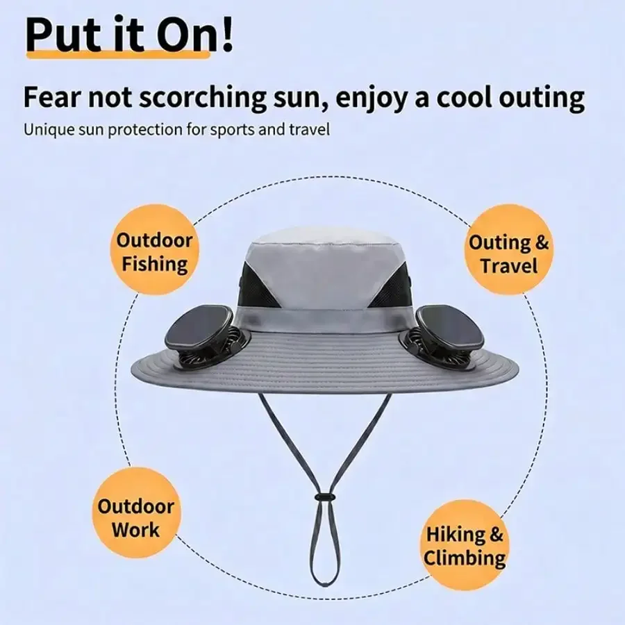 Solar Fan Cap, UV Resistant Outdoor Wide Brimmed Fisherman's Cap, With 180 ° Adjustable Fan, UPF50, USB And Solar Power Supply,
