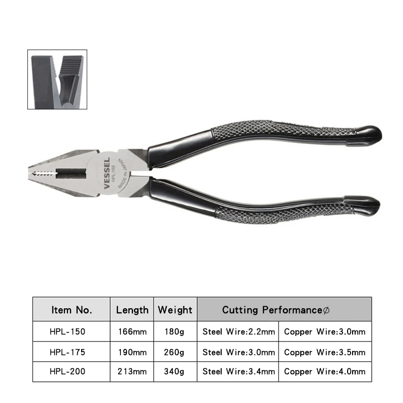 VESSEL Lineman\'s Pliers with Ultra-high Leverage Design for Cutting Copper, Aluminum and Other Soft Metals No.HPL Series