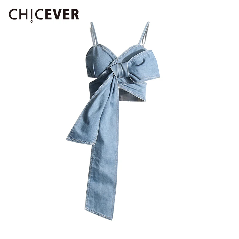 

CHICEVER Solid Cross Hollow Out Denim Tank Tops Sleeveless Backless Spliced Bowknot Sexy Slimming Vests Female Fashion Summer