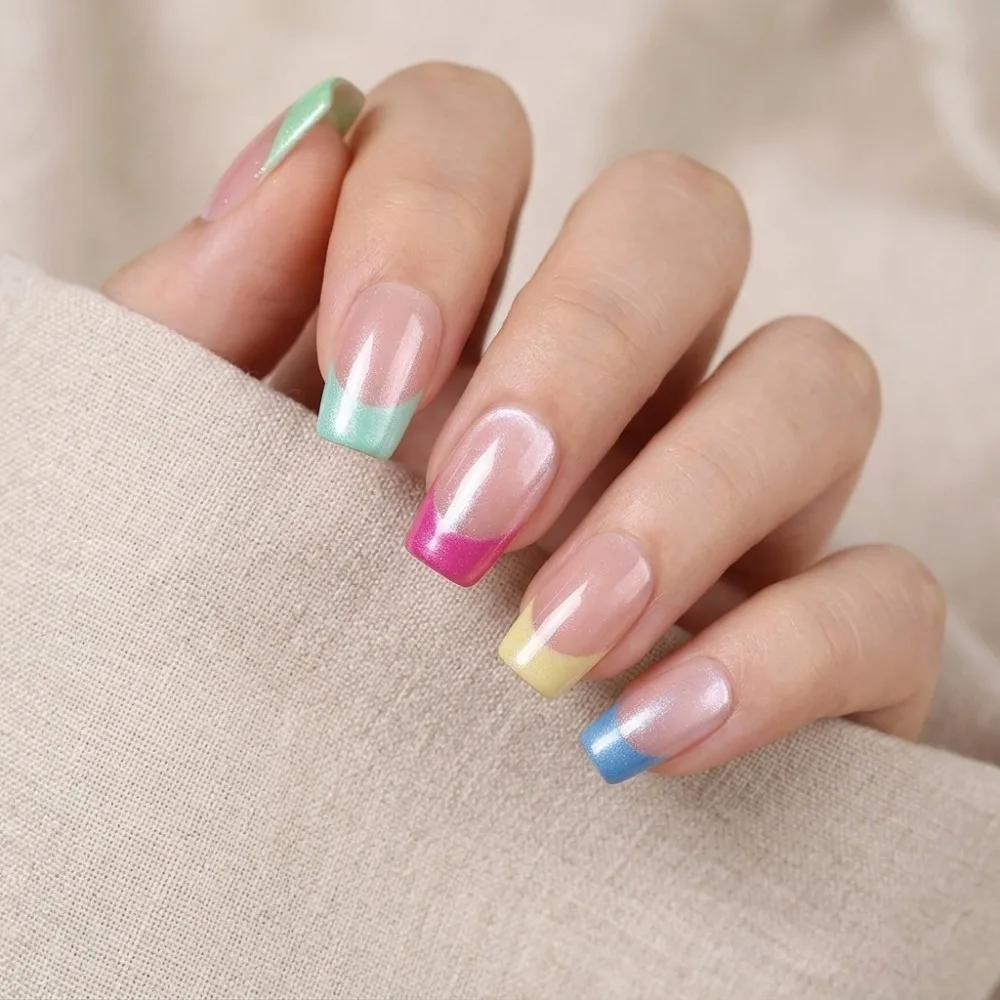 24PCS Pastel Rainbow French Tip Press on Nails Shimmer Pearl Glossy Medium Square Fake Nails Sweet Summer Daily Wear False Nails