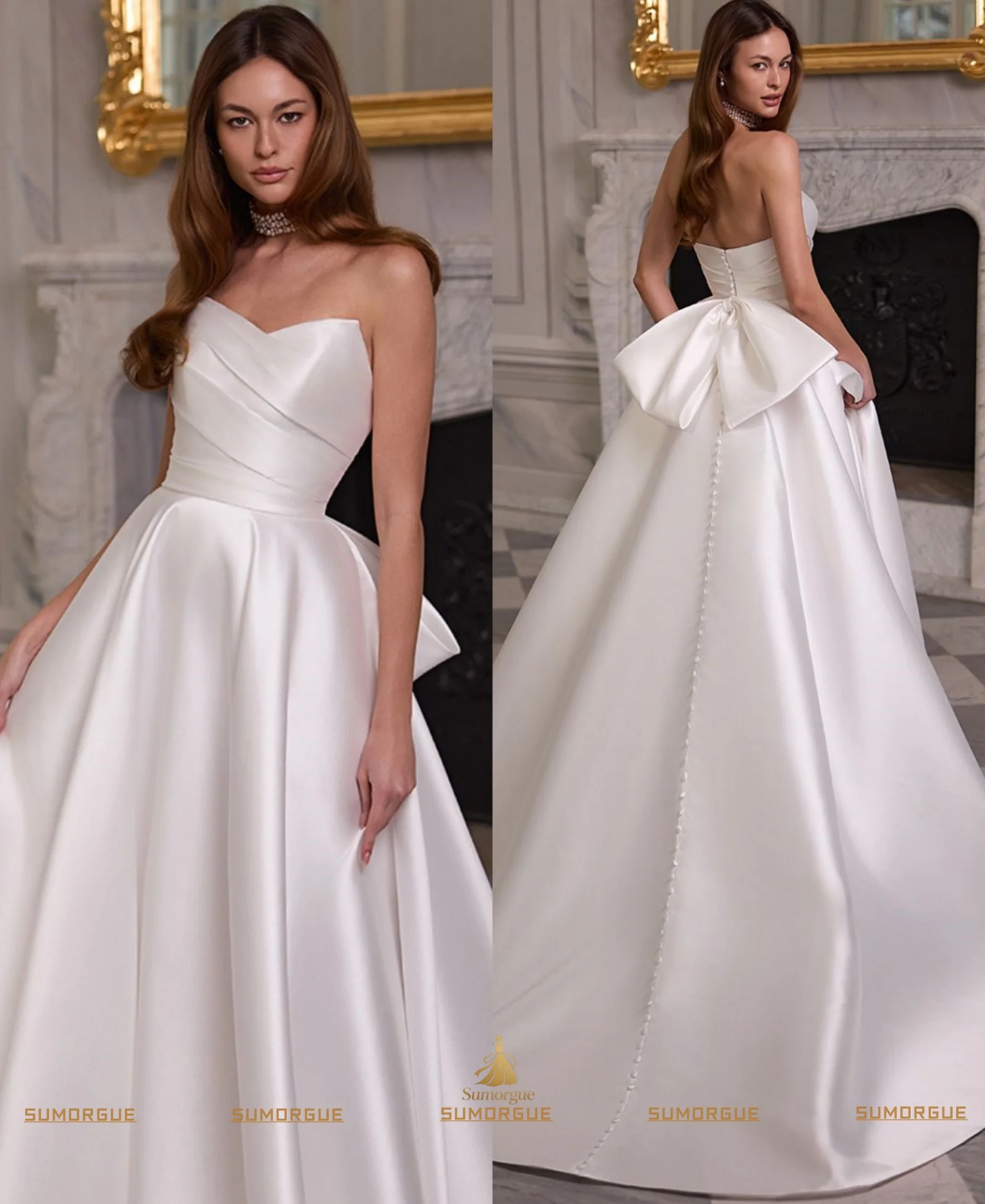 Elegant Modern Wedding Dress Small V Neck Pleat Back Zipper Buttons Bow Sweep Train Satin HIgh-end Customized Vestidos De Novia